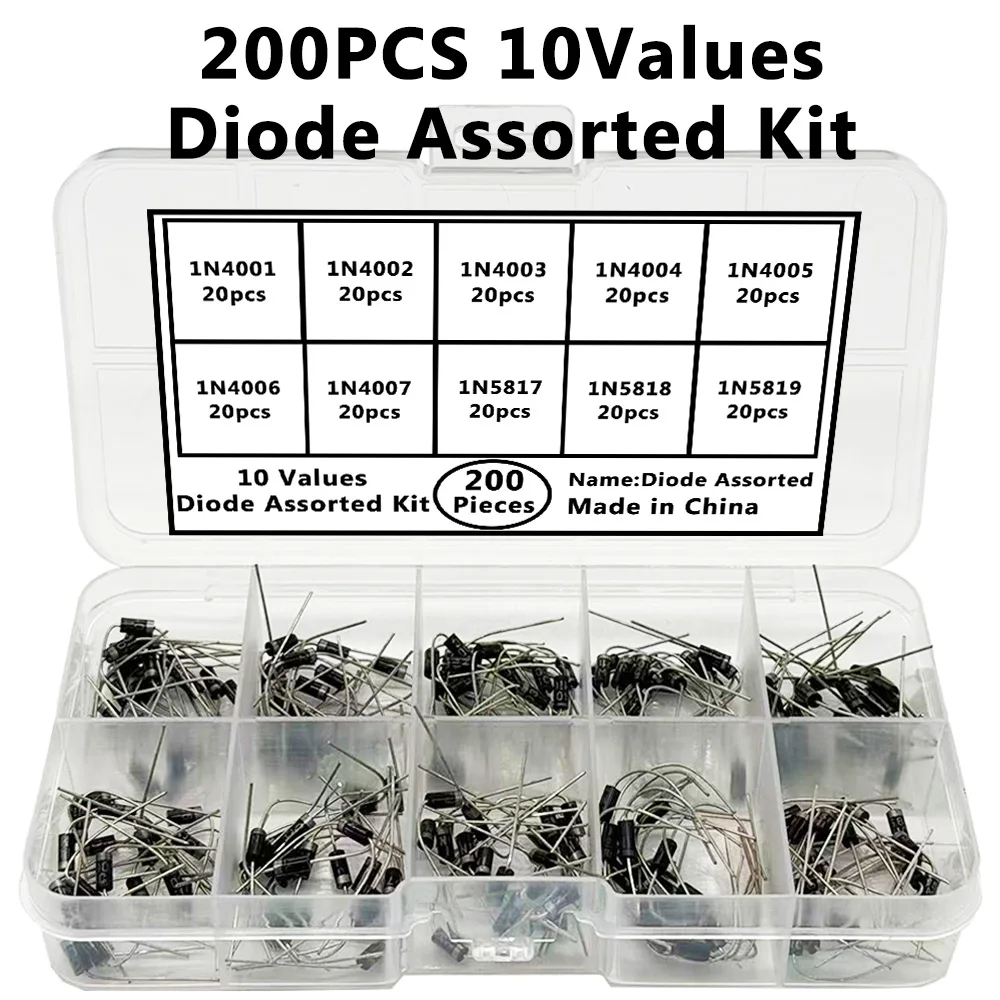Dioden-Sortiment-Set mit 10 Werten 1N5819 1N5818 1N5817 1N4007 1N4006 1N4005 1N4004 1N4003 1N4002 (200 Stück)