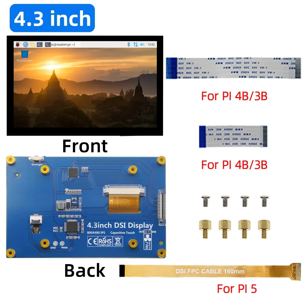 Raspberry Pi 5/4B/3B+/3B/3A+/2B/B+ 5-Punkt-DSI-Touchscreen, treiberfrei, 4,3/5/7 Zoll, 800 x 480 LCD-Display