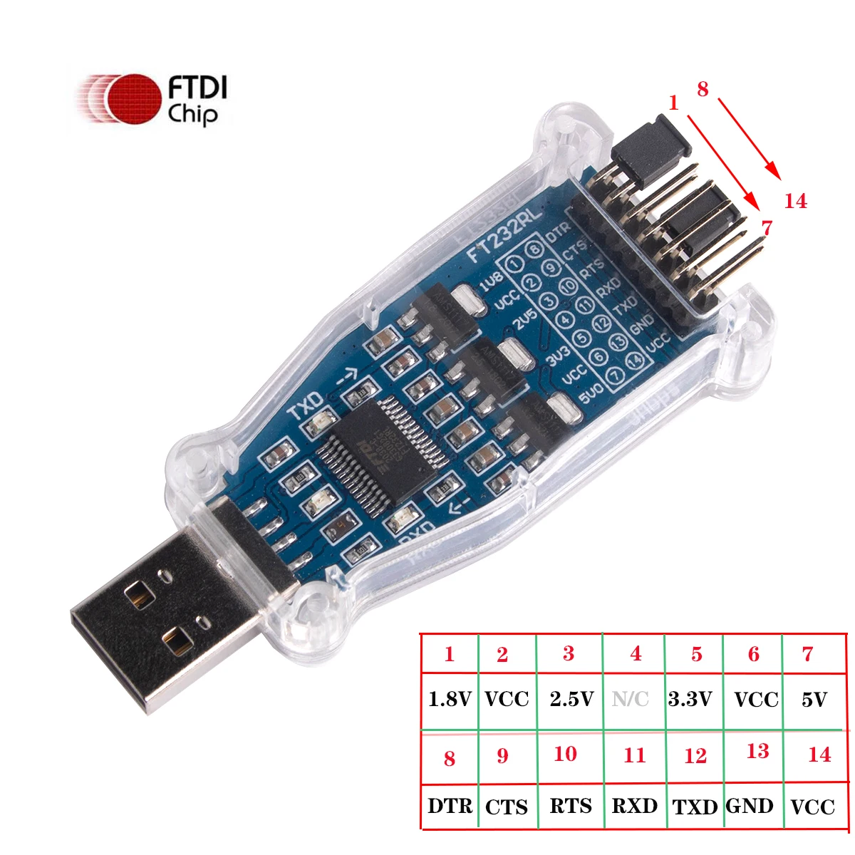 FTDI USB zu 1,8V 2,5V 3,3V 5V TTL UART Schalter Serielles Adaptermodul – Bild 2