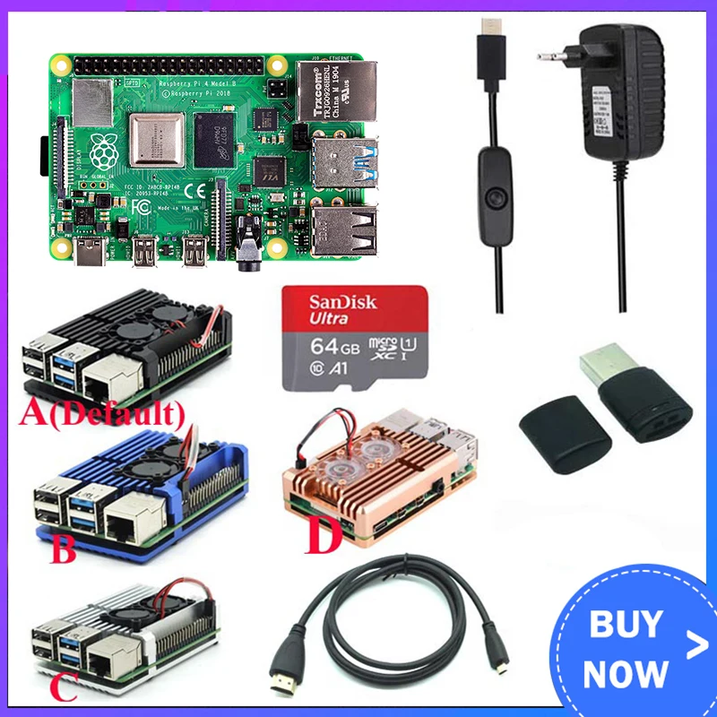 Raspberry Pi 4 Modell B Kit + Aluminium Fall + Kühlkörper + 3A Schalter Power + HDMI-kompatibel Option 64 32GB