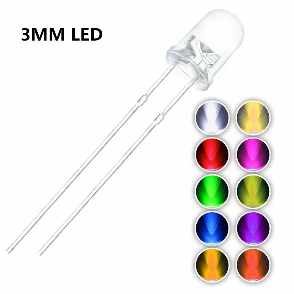 3 mm LED-Dioden, 3 mm, sortiertes Kit, Weiß, Grün, Rot, Blau, Gelb, Orange, Rosa, Lila, Warmweiß (100 Stück)