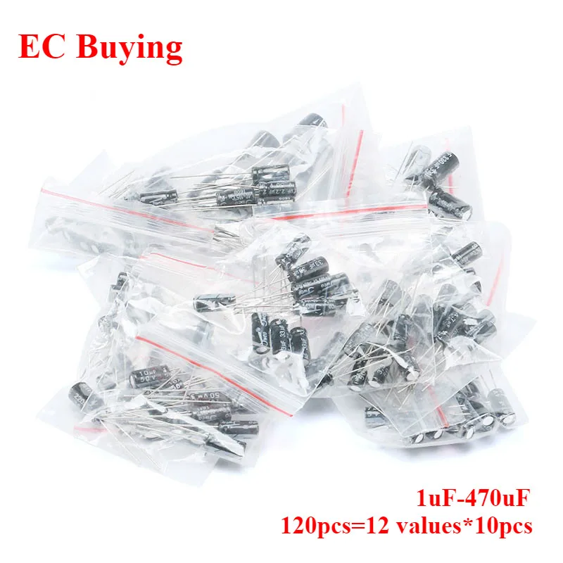 1uF-470uF Elektrolytkondensator-Sortimentskit 1UF 2,2UF 3,3UF 4,7UF 10UF 22UF 33UF 47UF 100UF (120 Stück)