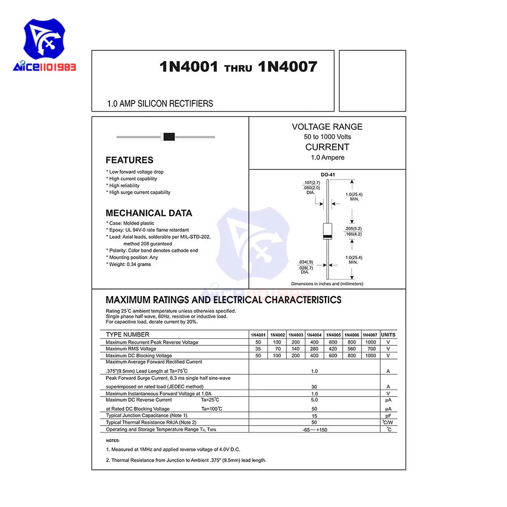 Diymore 100 Teile/los 1N4007 Diode, Diode Standard 1000V 1A Durch Loch – Bild 3
