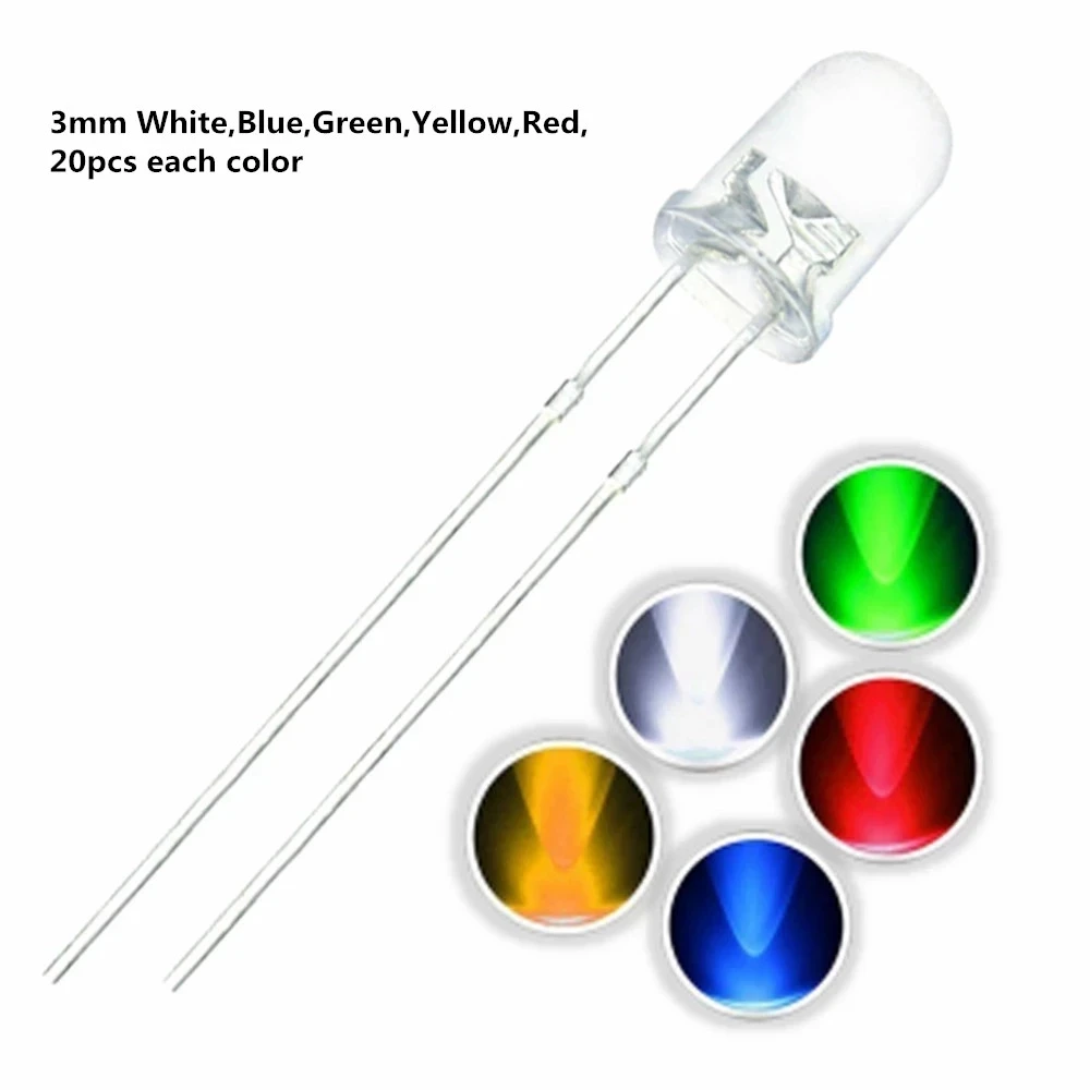 3 mm LED-Dioden, 3 mm, sortiertes Kit, Weiß, Grün, Rot (100 Stück) – Bild 2