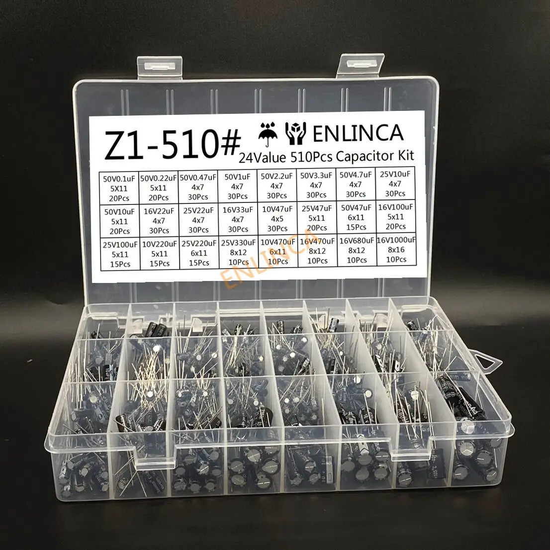 0,1 UF-1000UF 24 Werte Alu-elektrolytkondensatoren 16-50V Mix Elektrolytkondensator Assorted Kit (510 Stück)