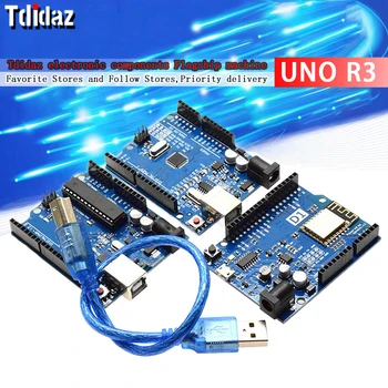 UNO R3 Entwicklungsboard ATmega328P CH340 CH340G für Arduino UNO R3 mit geradem Stiftleiste mit Kabel, ein