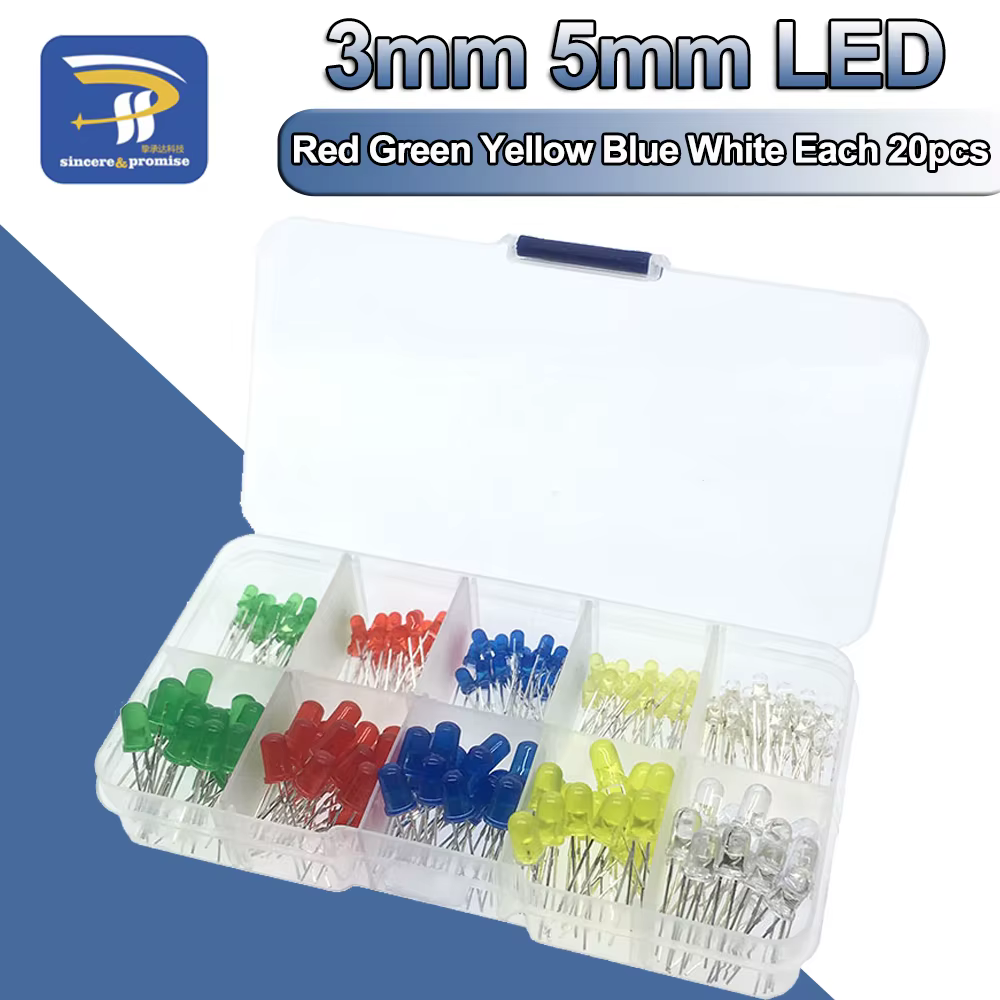 3mm 5mm LED-Kit mit Box gemischt 5 Farbe rot grün gelb blau weiß Leuchtdioden Sortiment je 20 (200 Stück)