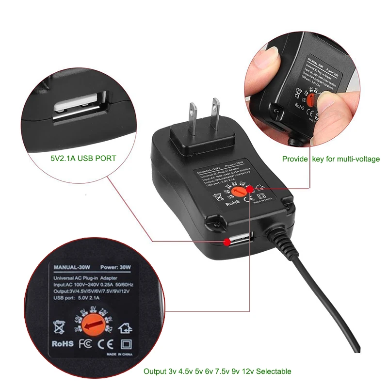 3V 4,5 V 5V 6V 7,5 V 9V 12V 2A/2,5 A AC/DC Einstellbare Power Adapter – Bild 3