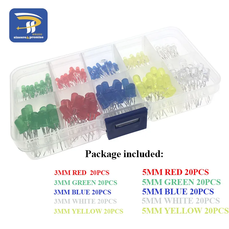 3mm 5mm LED-Kit mit Box gemischt 5 Farbe rot grün gelb (200 Stück) – Bild 2
