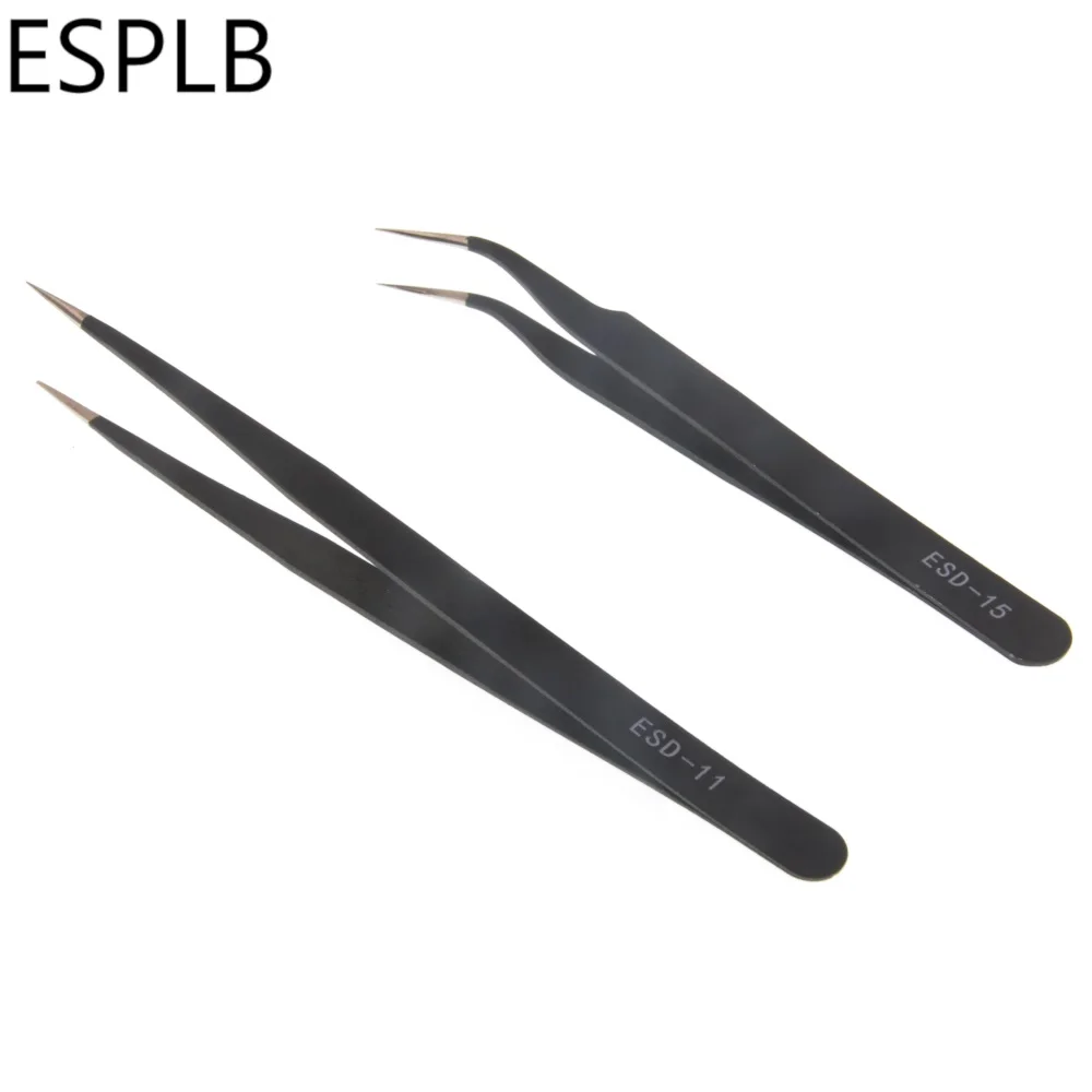 ESD 11/15 Antistatische ESD-Präzisionspinzette aus Edelstahl mit gerader, gebogener Spitze für die Elektronik