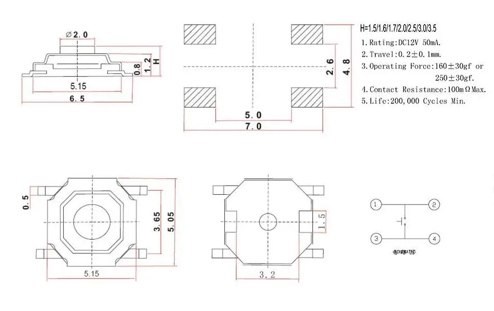 4*4*5mm 4x4x 5MM 4X4X5mm Tactile Push Button Switch Tact 4 (100 Stück) – Bild 2