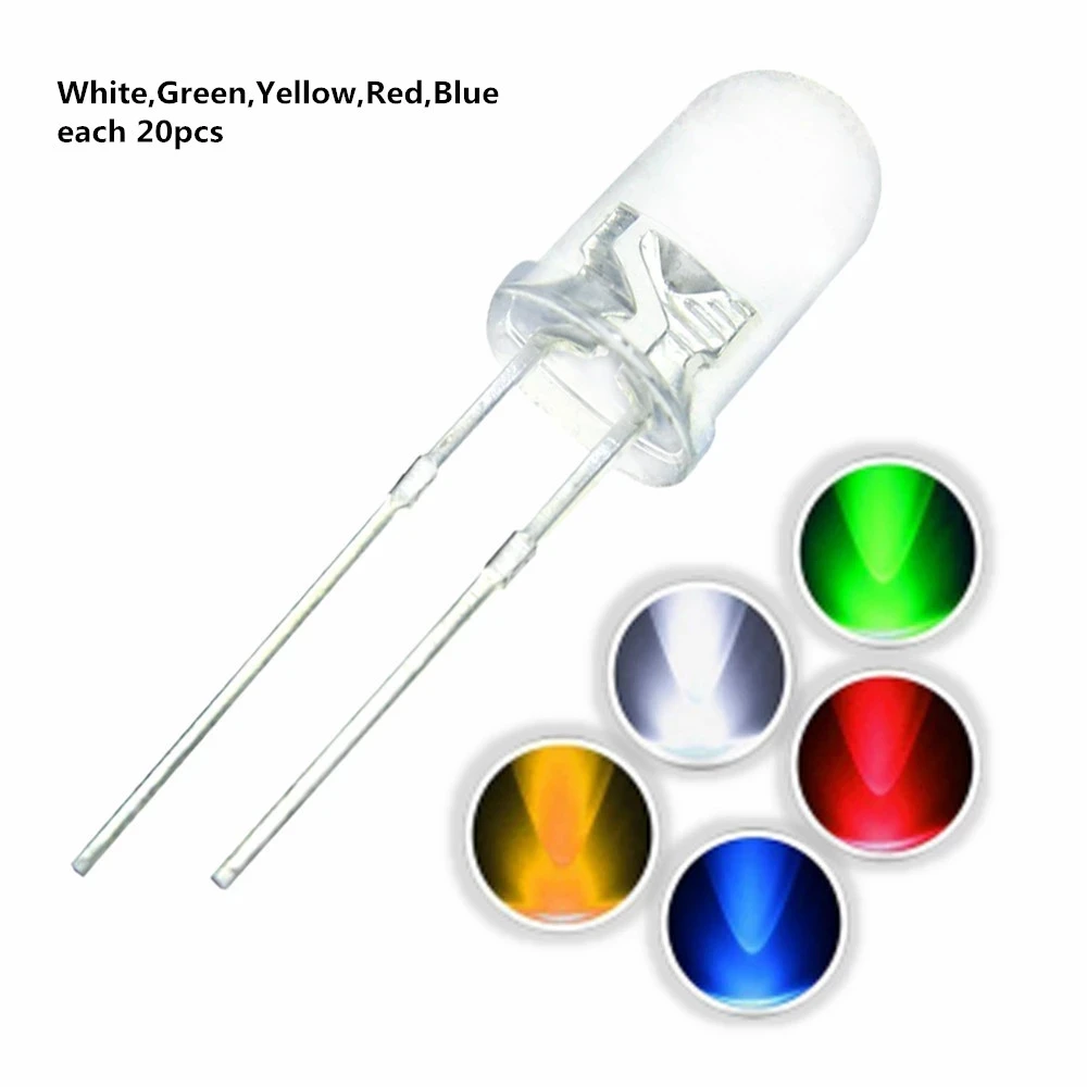 5 mm LED-Dioden 5 mm sortiertes Kit Weiß Grün Rot Blau (100 Stück) – Bild 3