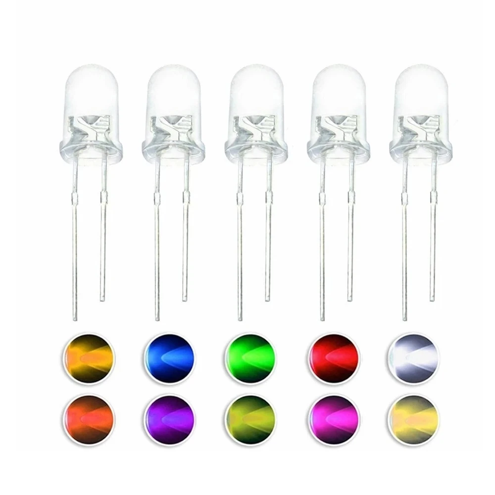 5 mm LED-Dioden 5 mm sortiertes Kit Weiß Grün Rot Blau Gelb Orange Rosa Lila Warmweiß DIY (100 Stück)