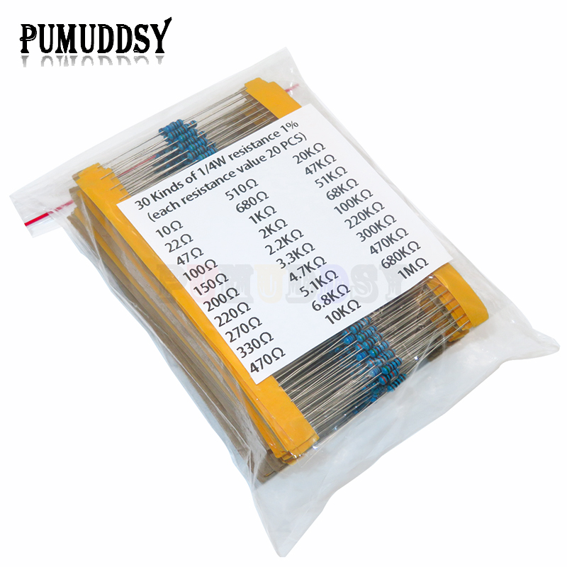 30 Arten 1/4 W Widerstand 1% Metall Film Widerstand Pack Assorted Kit 1 K 10 K 100 K 220 ohm 1 M (600 Stück)