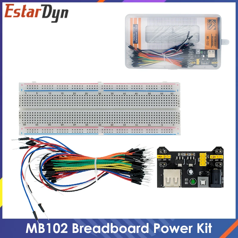 3,3 V/5 V MB102 Breadboard-Leistungsmodul + MB-102 830 Punkte lötfreier Prototyp-Breadboard-Kit + 65 flexible