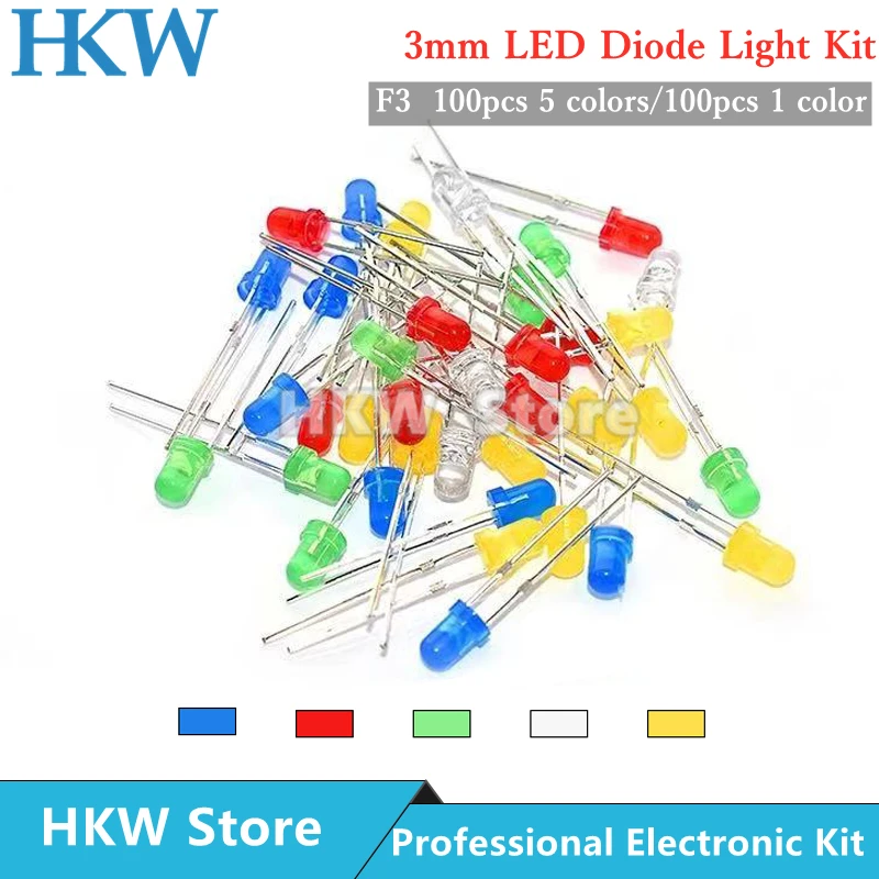 3mm LED-Diode 3mm Assorted Kit Weiß Grün Rot Blau Gelb Warm weiß DIY Licht Emittierende dioden F3 (100 Stück)