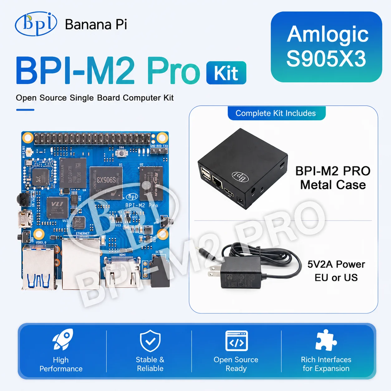 Banana PI BPI-M2 Pro mit Metallgehäuse, Amlogic S905X3 Quad-Core, 2G LPDDR4, 16G eMMC, HDMI 2.1, WLAN, BT 4.2