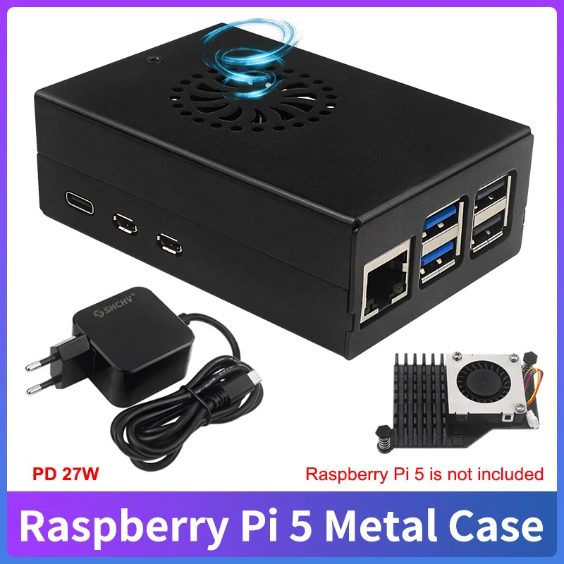 Raspberry Pi 5, Metallgehäuse, schwarzes Metallgehäuse, kompatibel mit Active Cooler, optionales