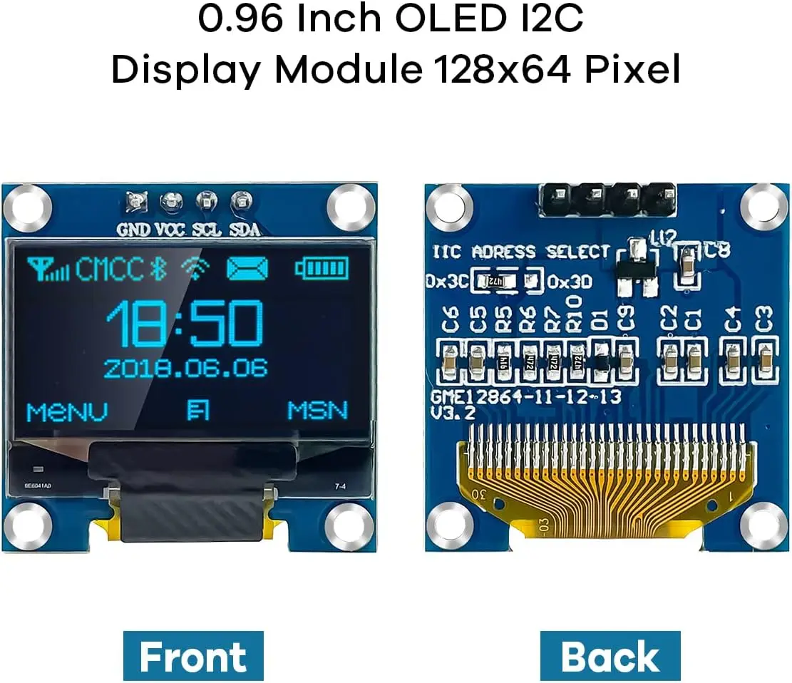 0,96 Zoll OLED-Displaymodul I2C IIC 128x64 SS-D-1306 3,3V-5V Blau/Blau-Gelb/Weiß für Arduino ESP32 ESP8266