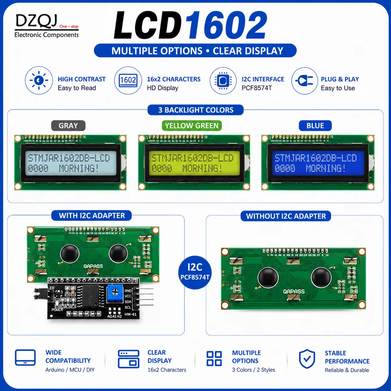 LCD1602 1602A 16x2 Zeichen-Displaymodul Blau Gelb Grün Grau Hintergrundbeleuchtung PCF8574 I2C-Schnittstelle
