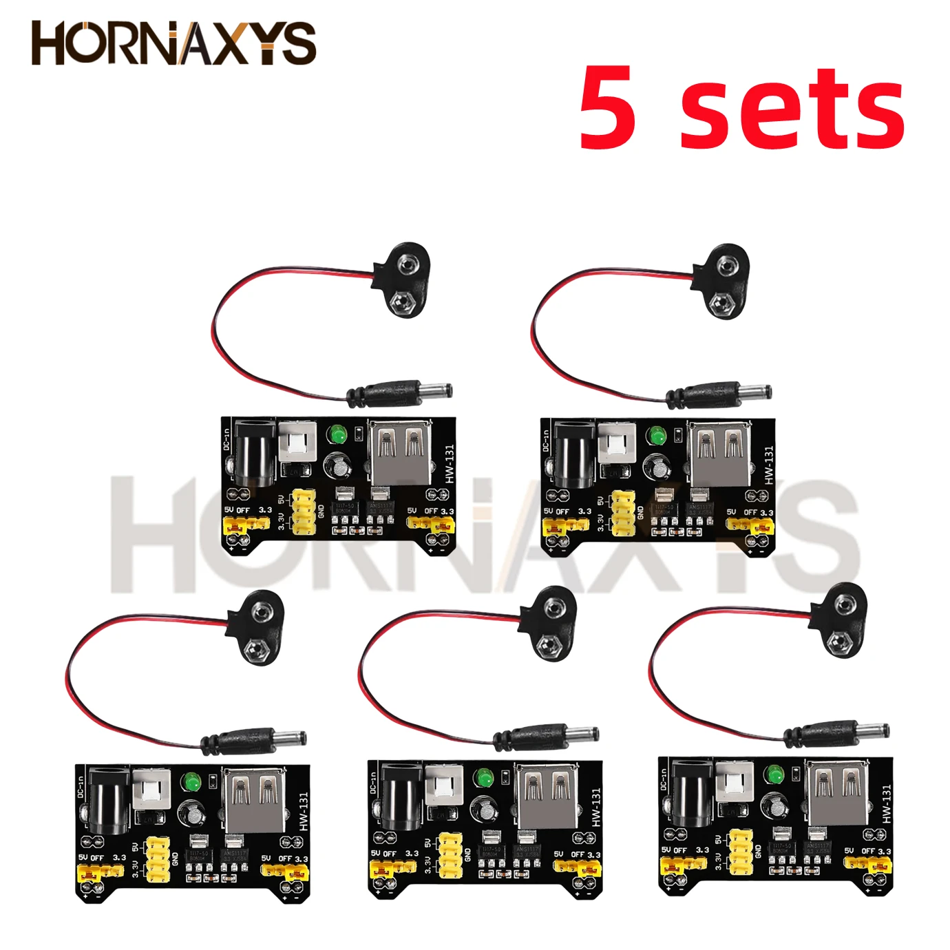 3,3 V 5V MB102 Solderless Breadboard Netzteil Modul mit 9V Batterie Clip Power Kabel 2,1x 5,5mm (5 Stück)