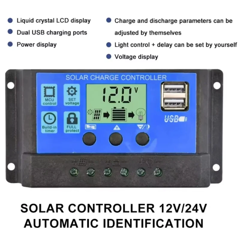 Solar laderegler, PV-Regler für Photovoltaik module, Lastent lader, Auto-LCD, Dual-USB, 5-V-Ausgang, 12V, 24V