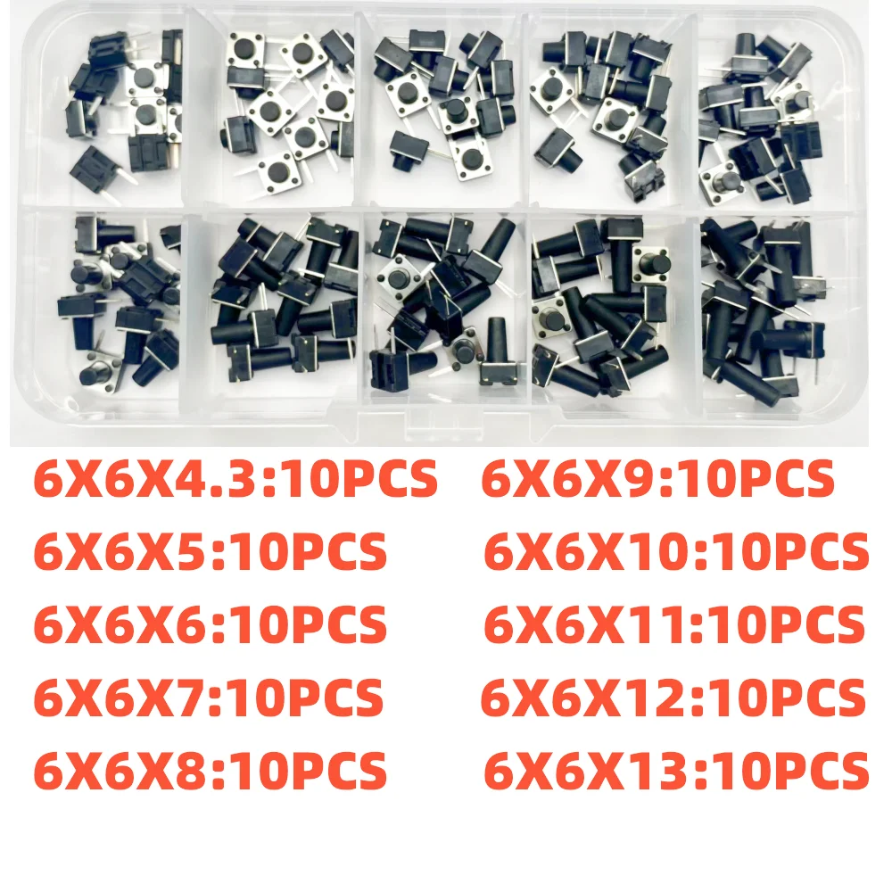 6x6mm Taktil-Schalter-Set, 10 Modelle (4,3-13mm) DIP & SMD Drucktasten, 2P/4P Mikro-Touch-Schalter (100 Stück)