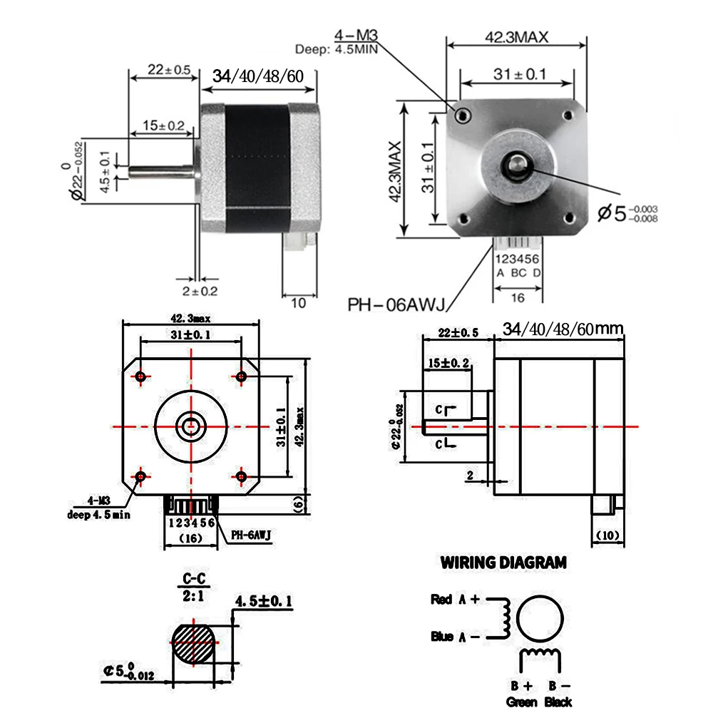 Nema 17 Schrittmotor 4 Anschlüsse 34-60 mm 0,28-0,7 Nm 2 A 1 m Kabel – Bild 2