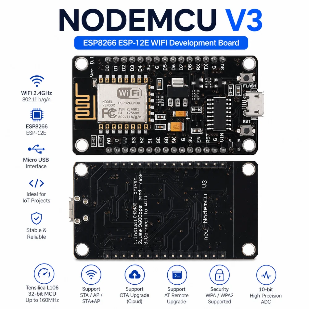 NodeMCU V3 ESP8266 ESP-12E WLAN-Entwicklungsboard mit CH340G-Chip, Micro-USB-Anschluss und vorgelöteten