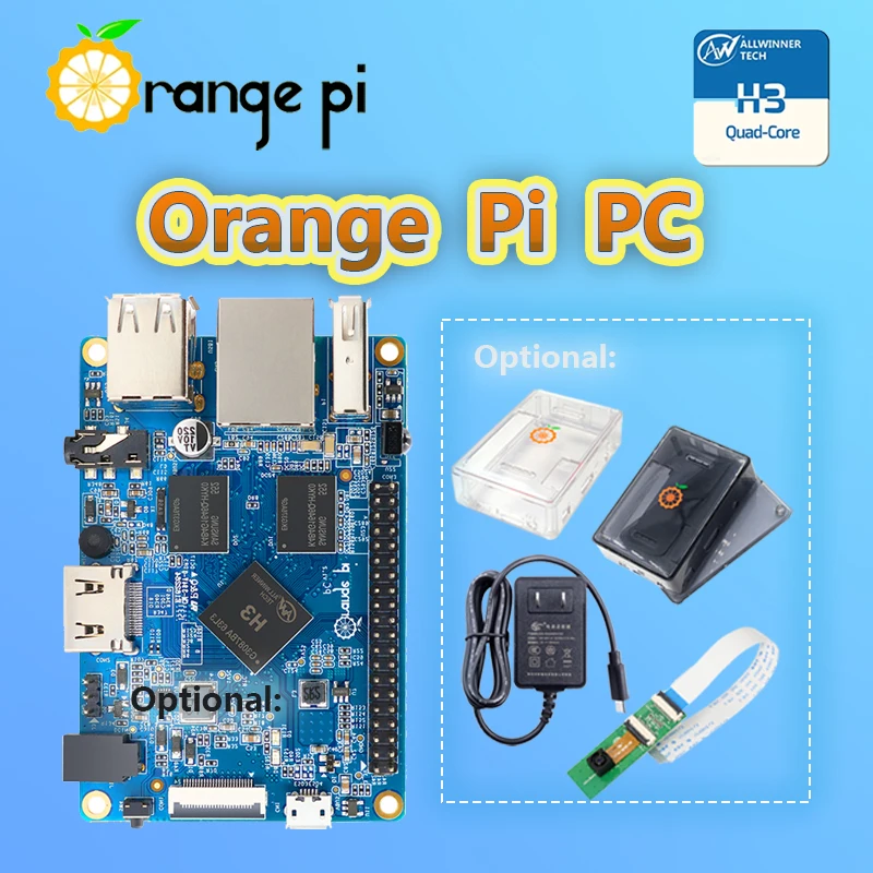Orange Pi PC H3 1GB mit schwarz/weißem Gehäuse, 5V3A Typ-C EU/US-Netzteil, 2MP Kamera optional, Quad-Core