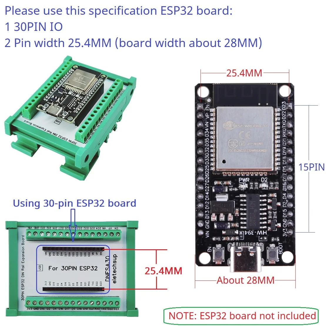 30PIN ESP32 Devkit V1 Din Rail Expansion Board 3,96 Terminal Schraube – Bild 6