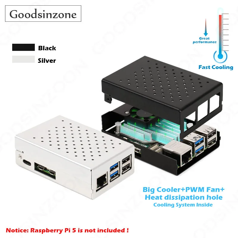 Raspberry Pi 5 Aluminium gehäuse mit PWM-Lüfter Kühlkörper-Kit, Kühlsystem Shell Metall kühler für Raspberri