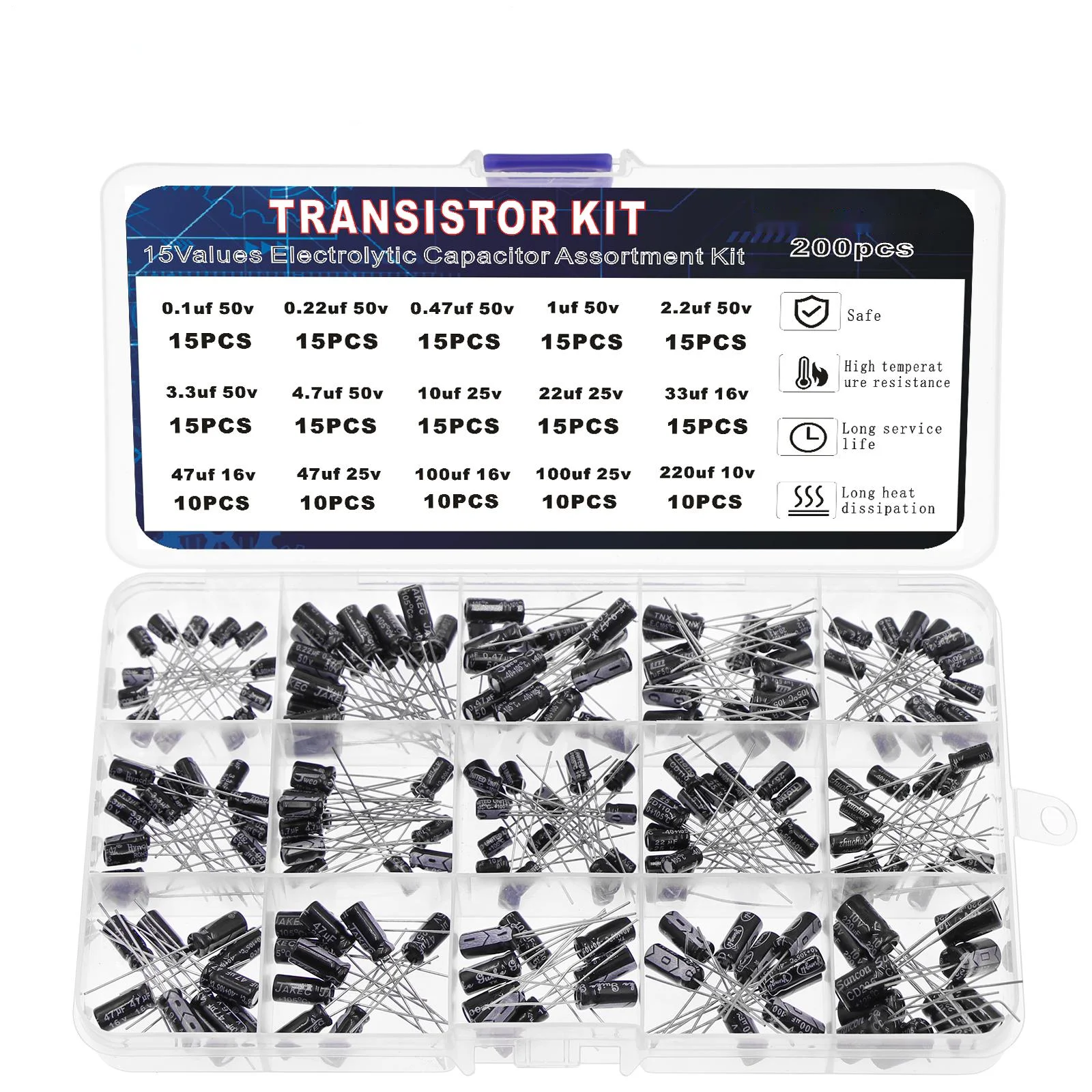 Elektrolytkondensator-Sortiment-Set - 15 Werte (10 V, 16 V, 25 V, 50 V), 0,1 uF-220 uF - inklusive (200 Stück)