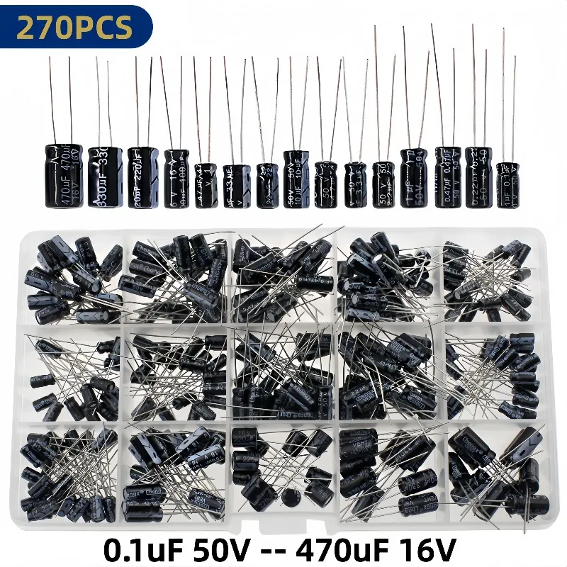 15-Werte Elektrolytkondensator-Sortiment-Set, 270 Stück 0,1uF bis 470uF Aluminium-Elektrolytkondensatoren-Set