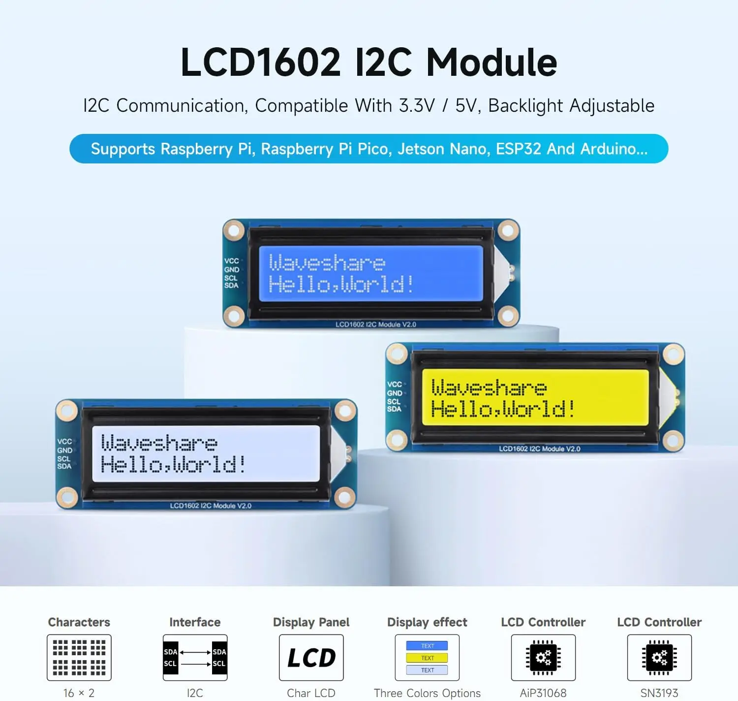Waveshare LCD1602 I2C LCD-Modul 16 x 2 Zeichen 3,3 V/5 V – Bild 2
