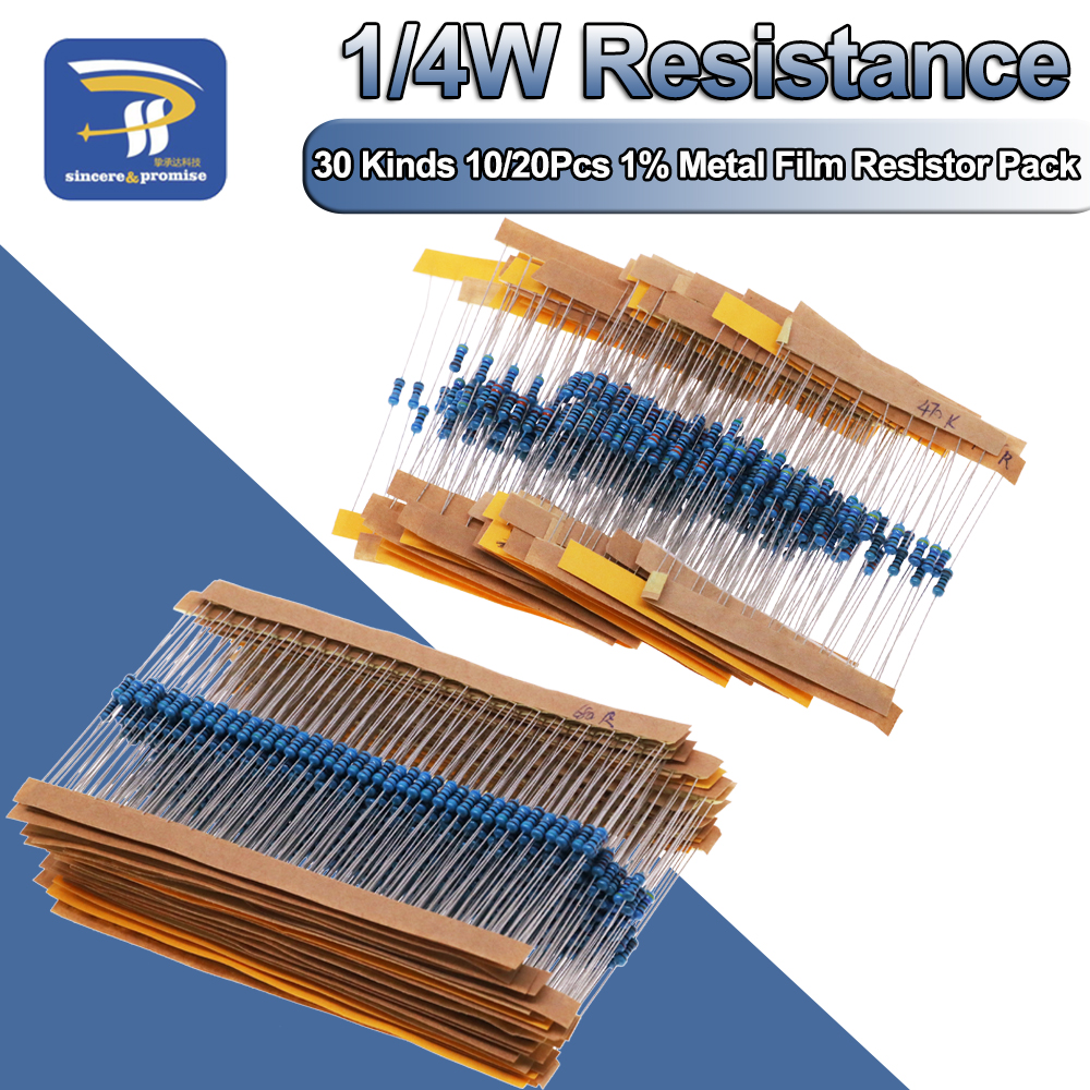 30 Arten je 10/20 stücke Kit 1/4w Widerstand 1% Metall film Widerstand Pack sortiert Kit 600 teile/satz 1k 10k