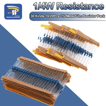 30 Arten je 10/20 stücke Kit 1/4w Widerstand 1% Metall film Widerstand Pack sortiert Kit 600 teile/satz 1k 10k