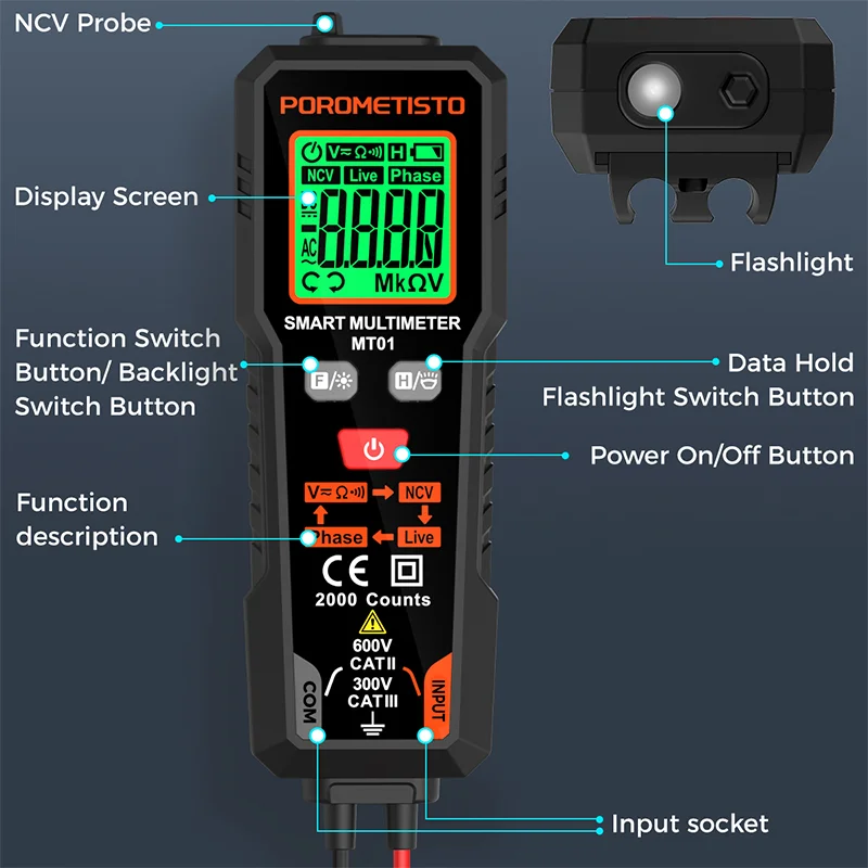 MT01 Digitalmultimeter, 2000 Zählungen, 600 V AC/DC-Voltmeter – Bild 6