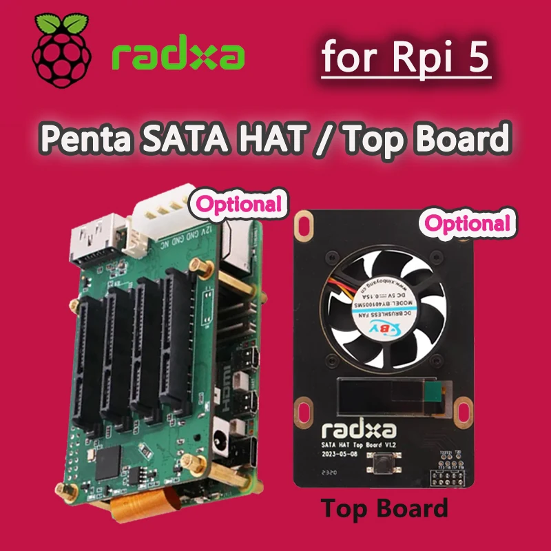 Penta SATA HAT / Top-Board / Set optional, für Raspberry Pi 5 - bis zu 5x SATA-Festplatten HAT