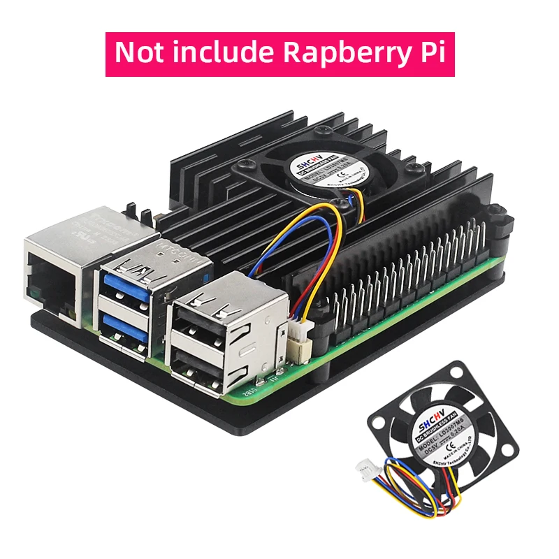 Raspberry Pi 5, Aluminiumgehäuse mit PWN-Lüfter, Silikon-Kühlkörper, aktive passive Kühlung, Kühler, Kühler