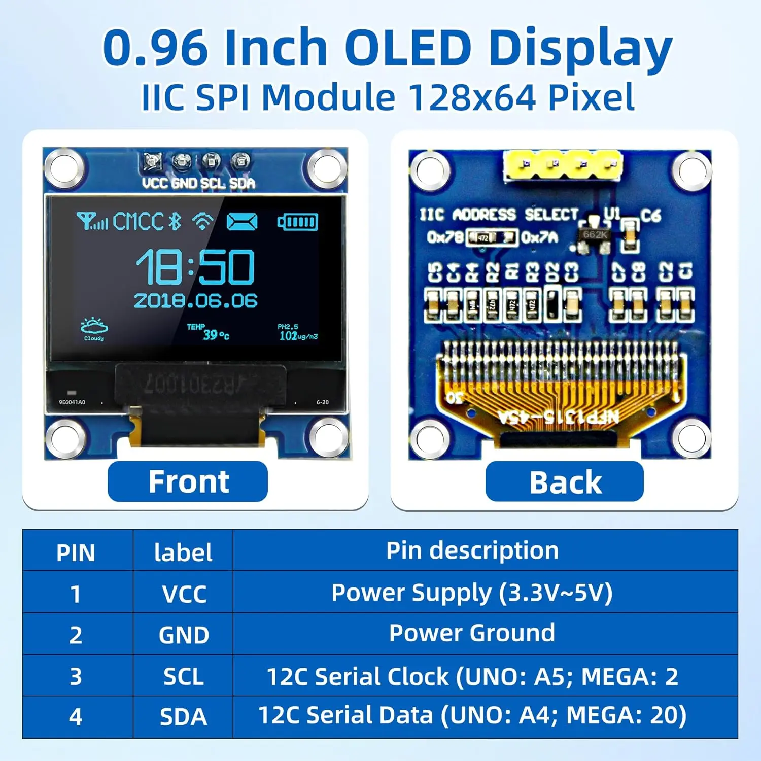 0,96 Zoll oled Display-Modul, 128x64 Pixel i2c ssd1306 leuchtende oled Bildschirm platine kompatibel