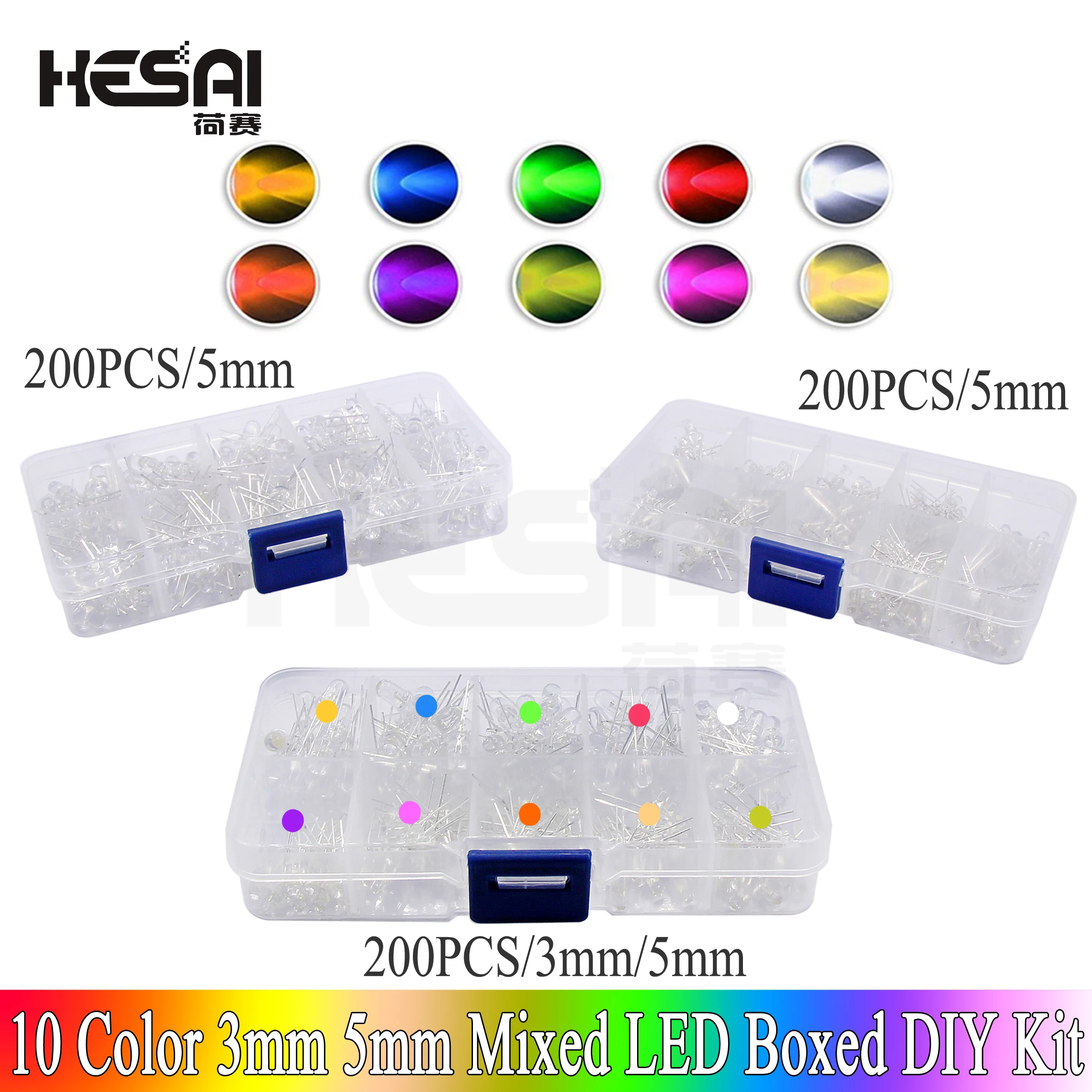 3mm 5mm LED-Dioden-Sortiment-Kit Weiß Grün Rot Blau Gelb Orange F3 F5 Leuchtdioden DIY LED-Leuchten Dioden