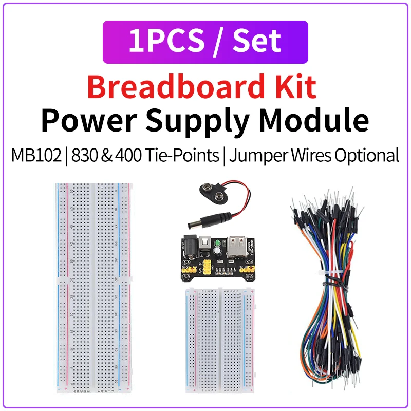 MB102 Breadboard-Netzteilmodul + MB-102 830/400 Punkte lötfreies Breadboard-Kit mit 65 flexiblen