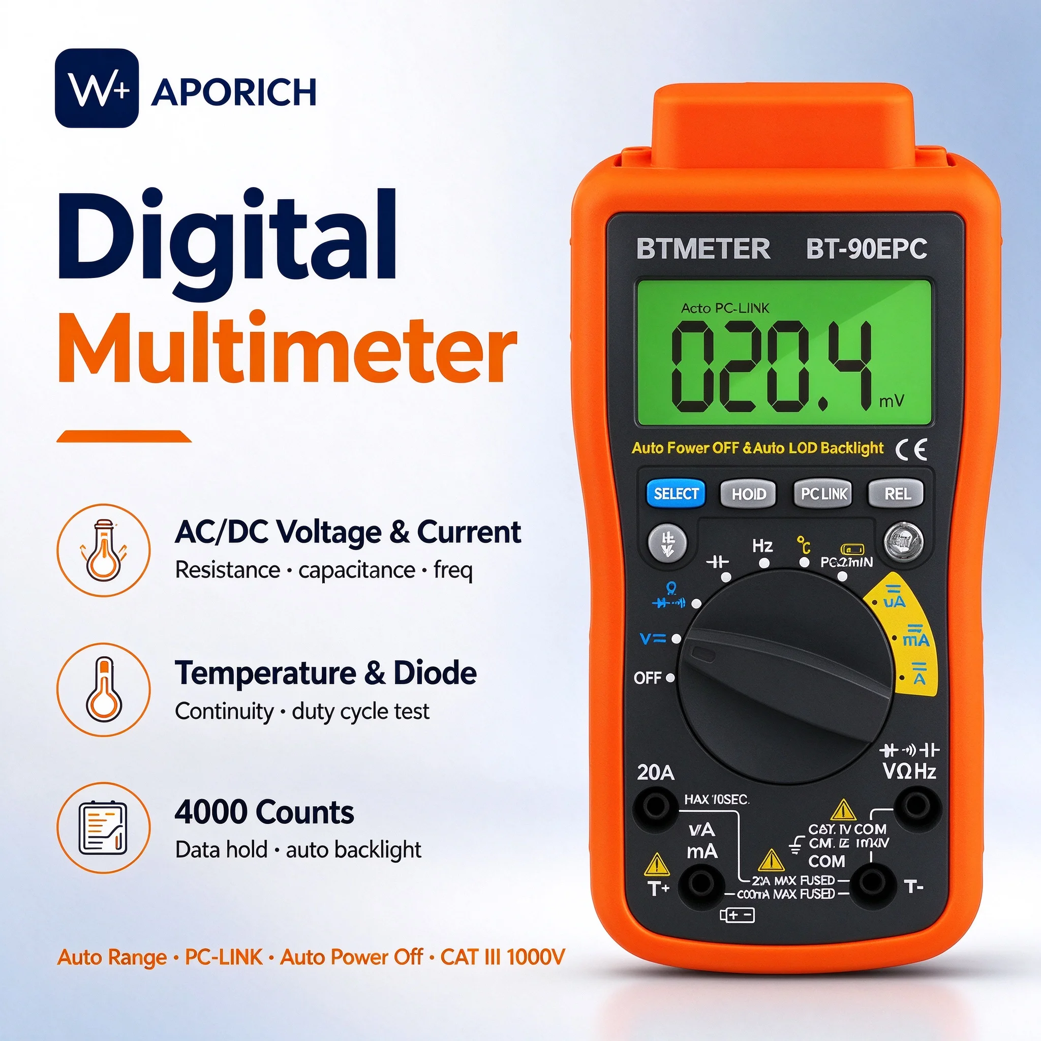 Digitales Multimeter mit 4000 Messungen, automatische Bereichswahl, Voltmeter, DC/AC-Spannung, Strom