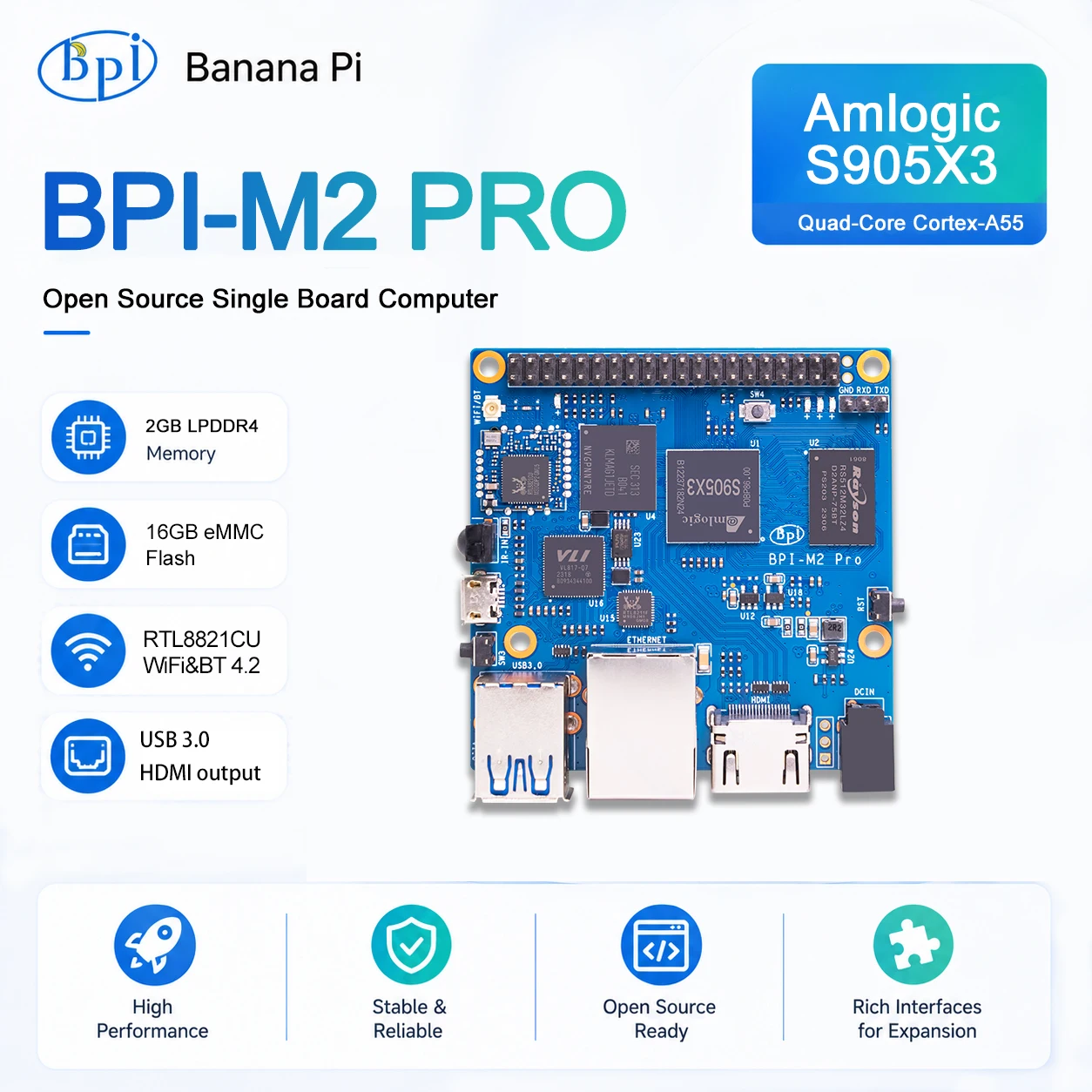 Banana PI BPI-M2 Pro Amlogic S905X3 Quad-Core-Prozessor 2 GB LPDDR4 RAM 16 GB eMMC Raspbian-Bildunterstützung