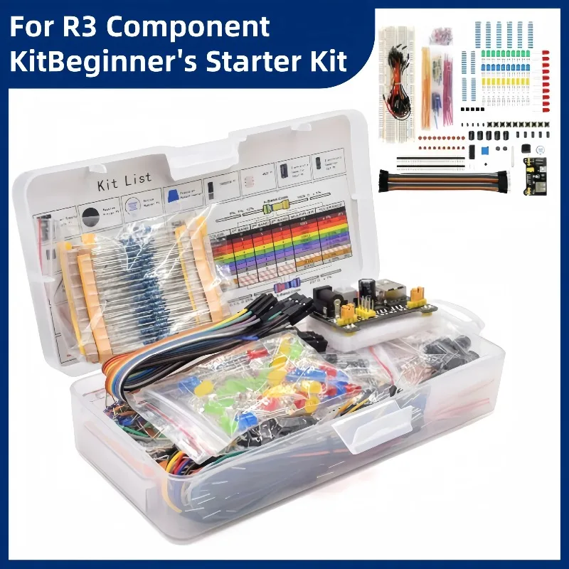 Komplettes Starter-Kit für Arduino Uno, 830-Punkt-Steckbrett + LEDs, Widerstände, Kondensatoren