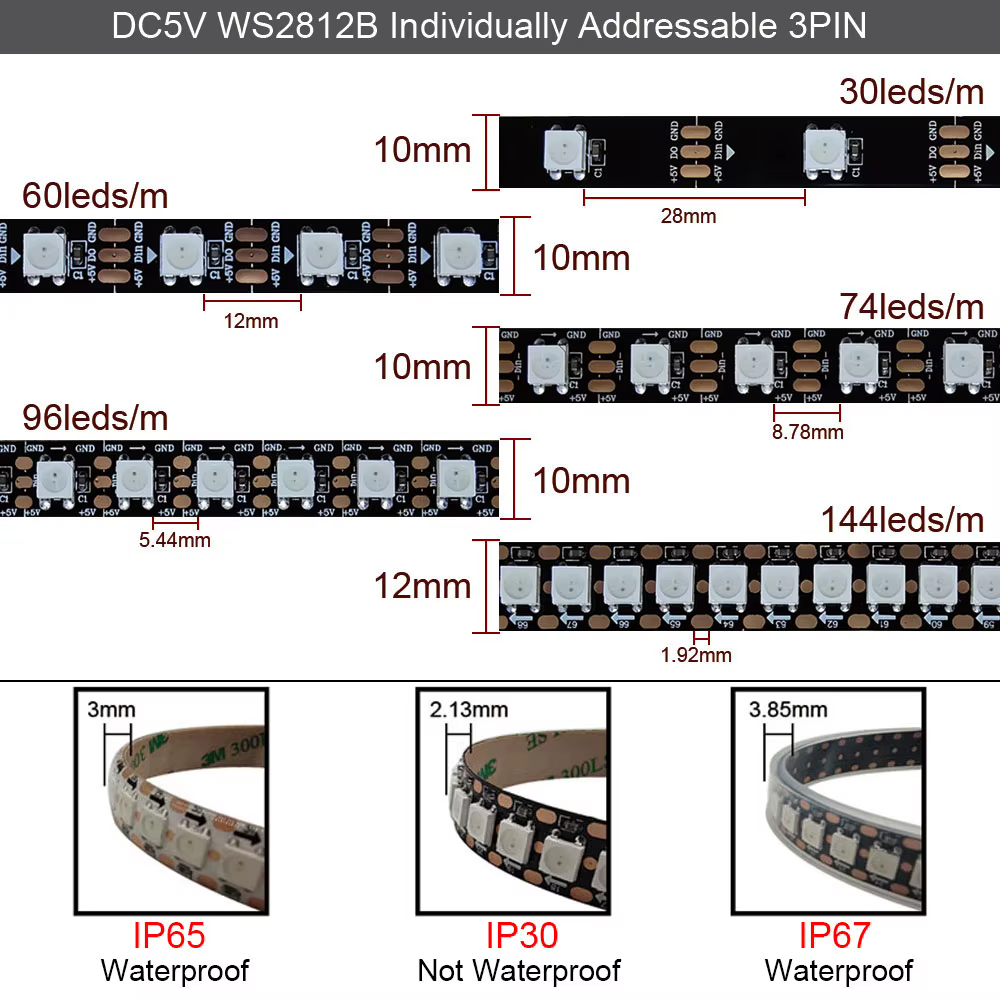 5V WS2812B LED-Streifenlicht 30/60/74/96/144LEDs/m Schwarz/Weiß PCB – Bild 2