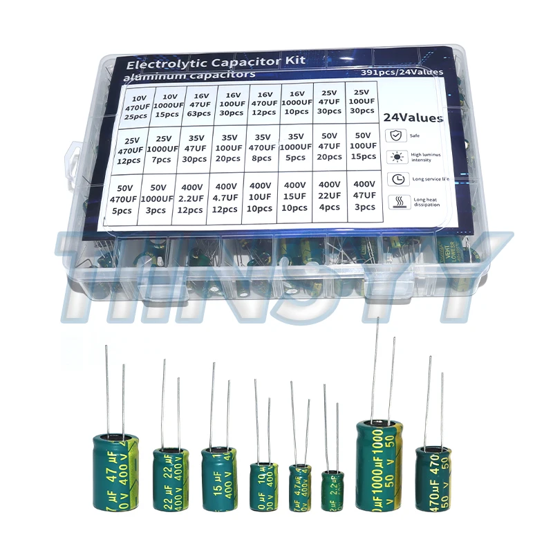 Elektrolytkondensator-Set Hochfrequenz-Sortiment 10V 16V 25V 35V 50V 400V 10uF 100uF 470uF 1000uF (391 Stück)