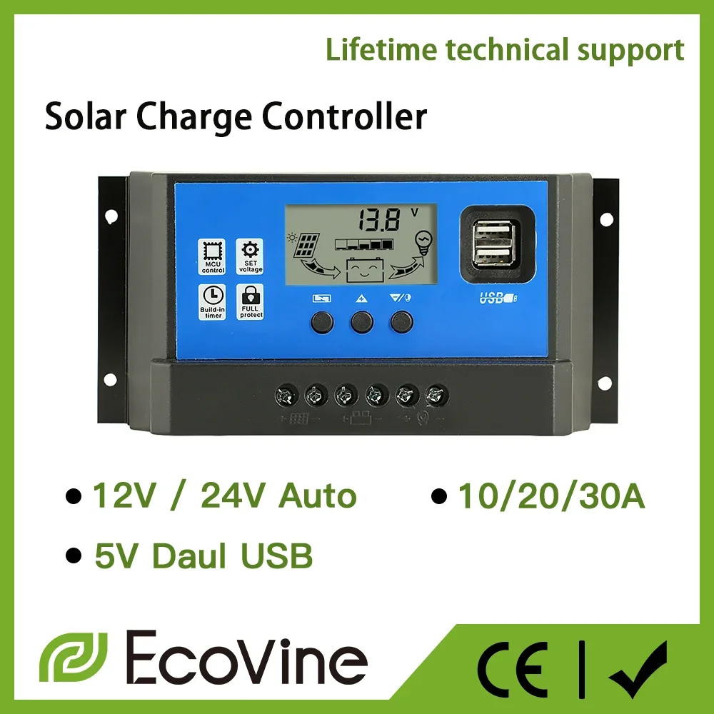 Solarladeregler 12V 24V PWM MPPT 10A 20A 30A Autobatterie-Laderegler USB-Ausgang 5V Max PV 50V DC