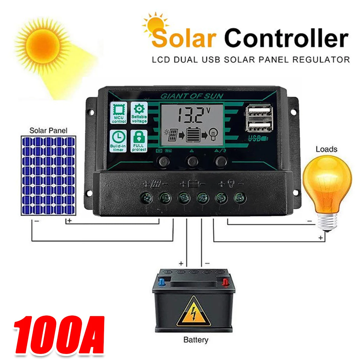 Solarladeregler 100 A PWM LCD-Display 12 V/24 V Dual USB 5 V Ausgangspanel Batterieregler Intelligent